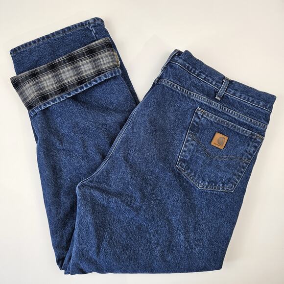 Carhartt Flannel Lined Jeans Mens 44x32 Relaxed Fit Denim Straight Workwear B172 - Picture 1 of 10